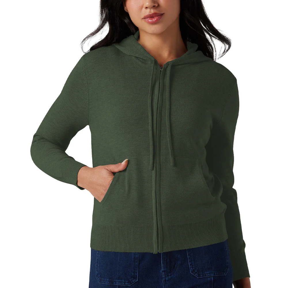 Womens Soft Knit Zip-Up Full Sleeve Sweater Hoodie with Pockets