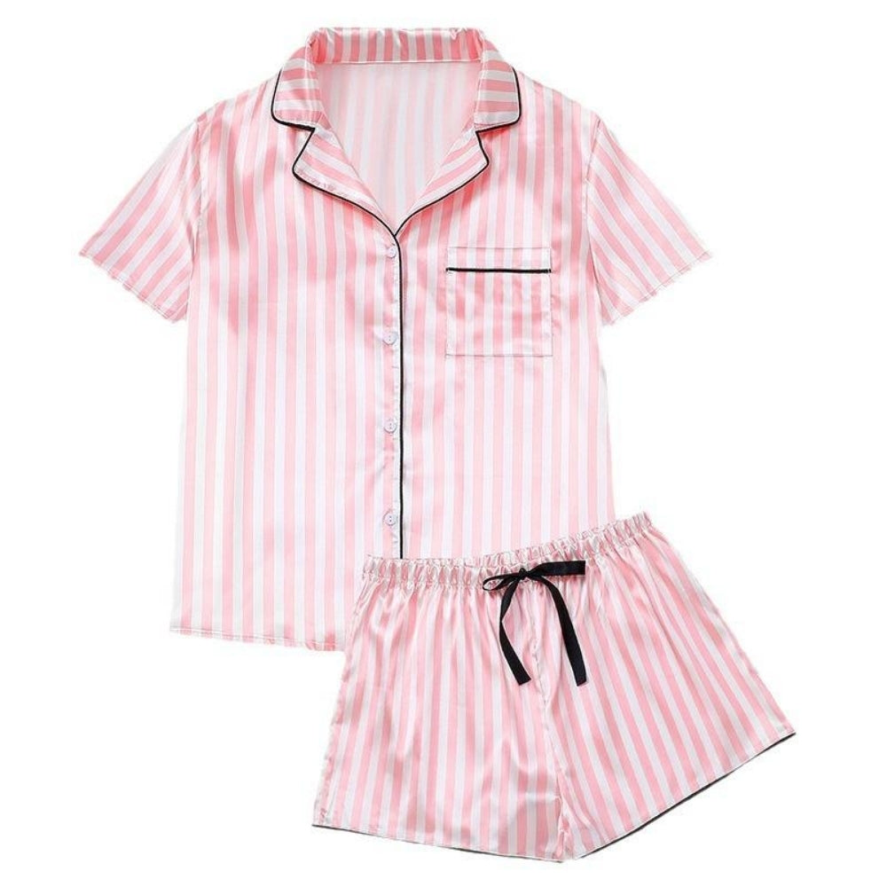 Custom Logo Girls & Women's Striped Silky Satin Pajamas Short Sleeve Top with Shorts Sleepwear