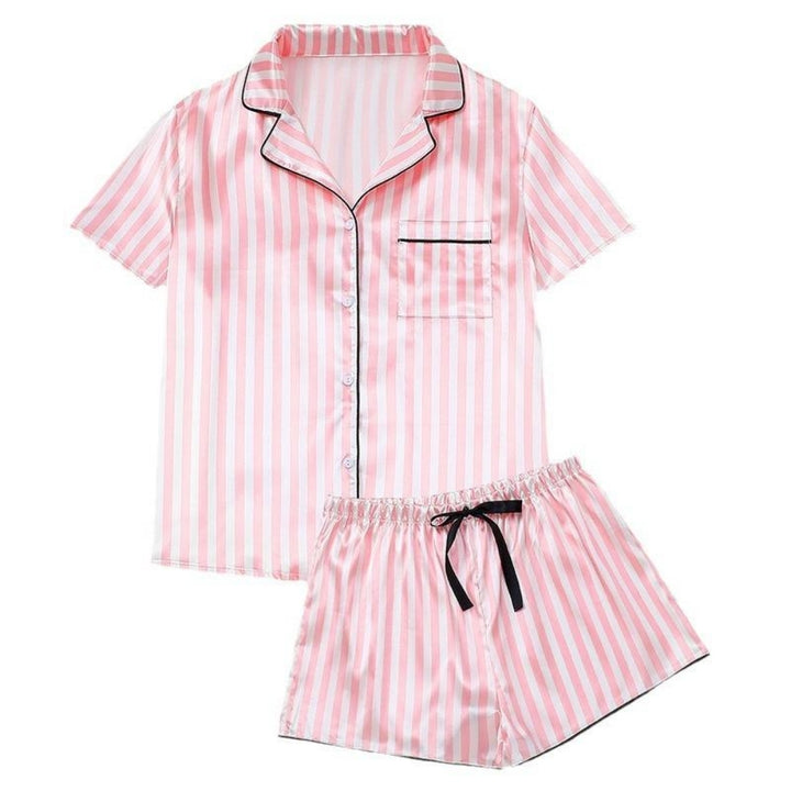 Custom Logo Girls & Women's Striped Silky Satin Pajamas Short Sleeve Top with Shorts Sleepwear