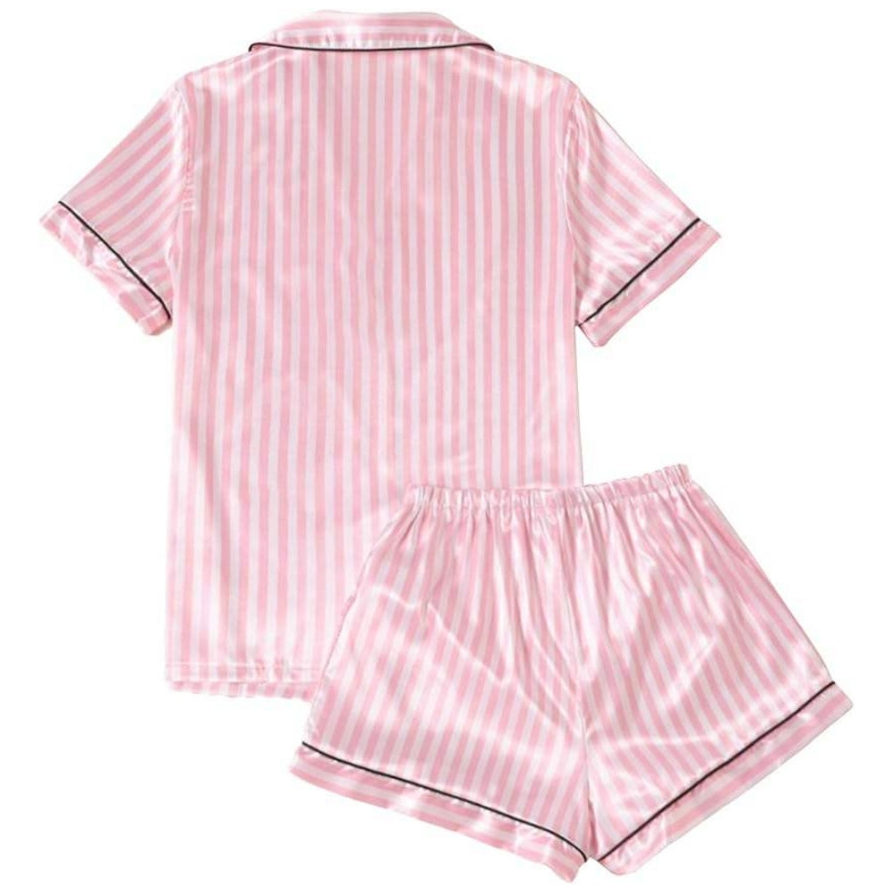 Custom Logo Girls & Women's Striped Silky Satin Pajamas Short Sleeve Top with Shorts Sleepwear