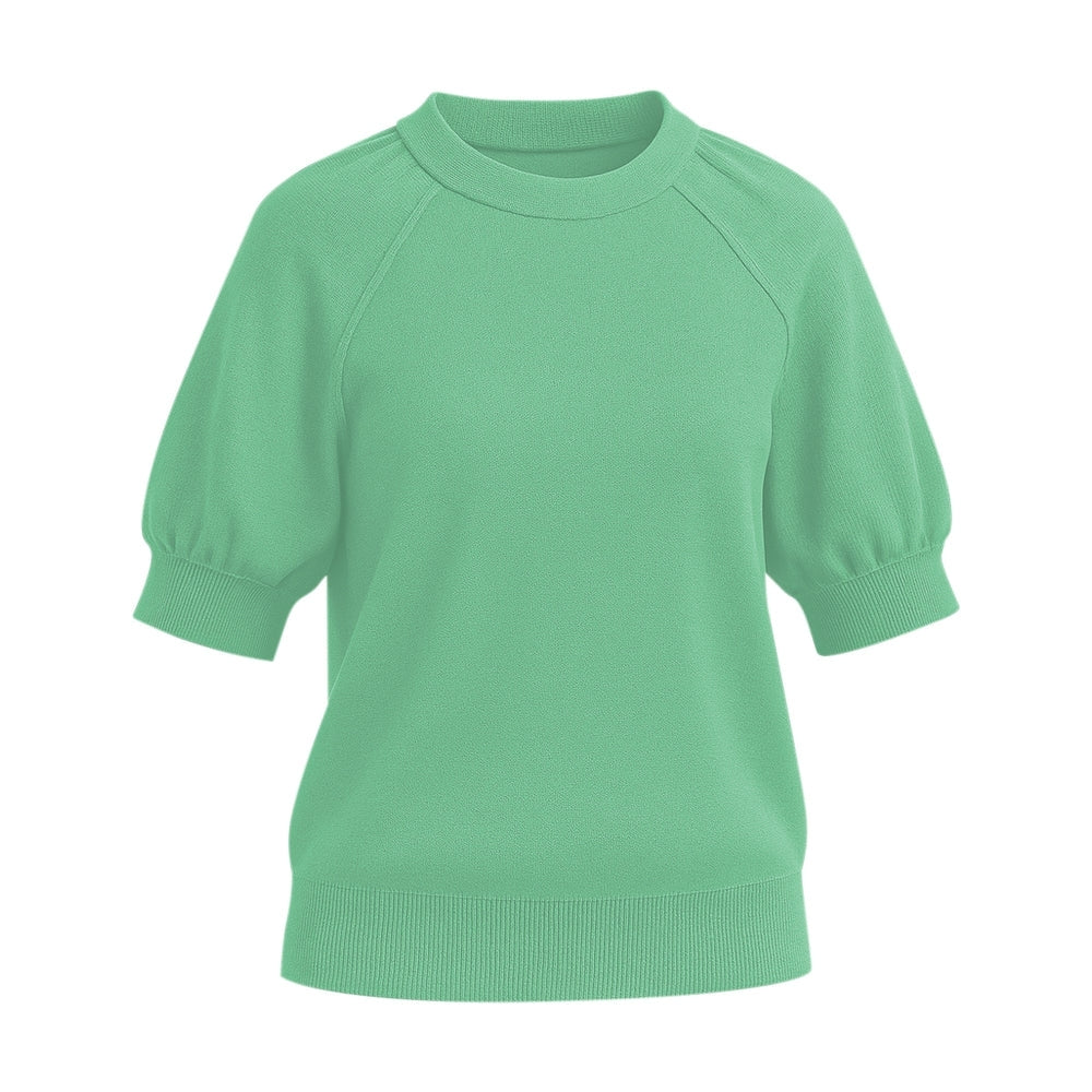 Womens Soft Knit Puff Short Sleeve Ribbed Pullover Top